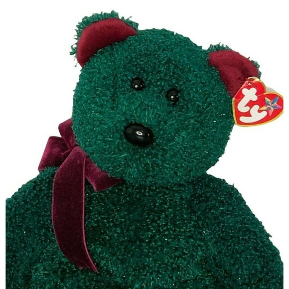 TY Beanie Buddies 2001 Holiday Teddy Bear Green w Shimmer & Maroon Tag Retired - Picture 7 of 9